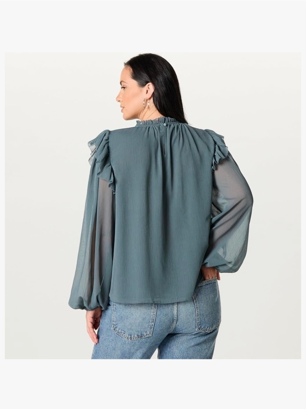 The Drop - Slate Blue Ruffled Shoulder Sheer Long-Sleeve Blouse - Picture 2 of 8